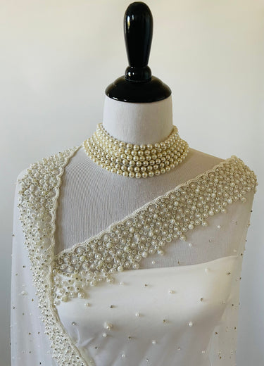Handmade Premium Beaded Net Saree | Off White | Hand Embroidery | Ships from California